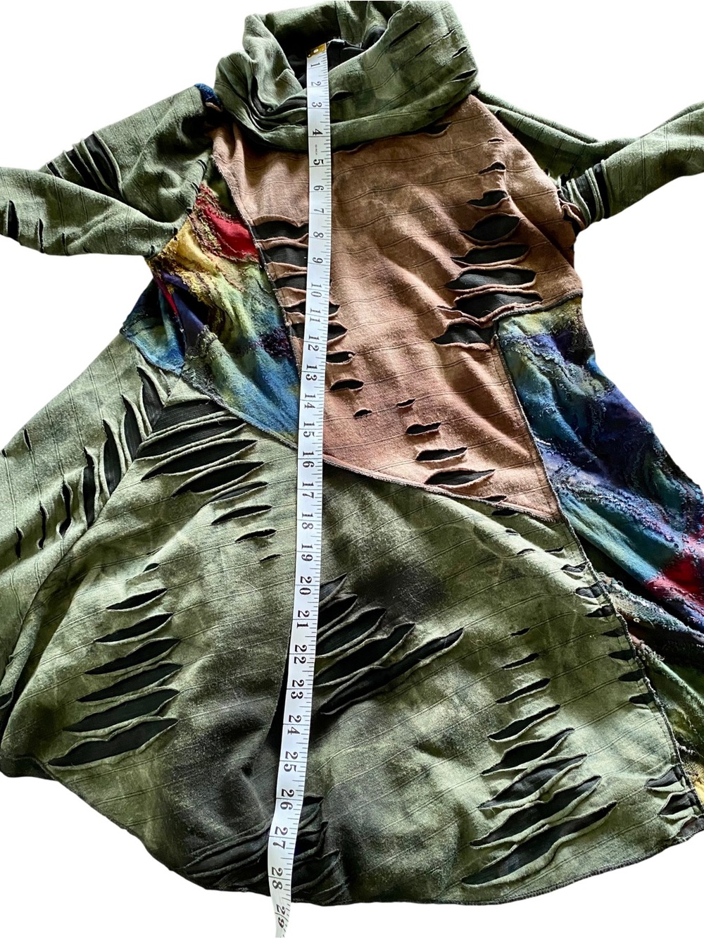 Lagenlook Patchwork Top Festival Shirt Distressed Artsy Tunic Cowl Neck Boho S - Picture 4 of 5